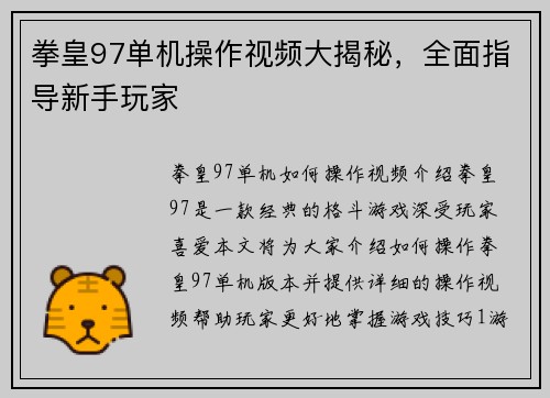 拳皇97单机操作视频大揭秘，全面指导新手玩家