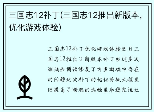 三国志12补丁(三国志12推出新版本，优化游戏体验)